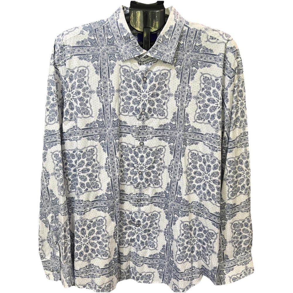 TALLIA Men's Dress Shirt XXL 181/2 Blue White Paisley